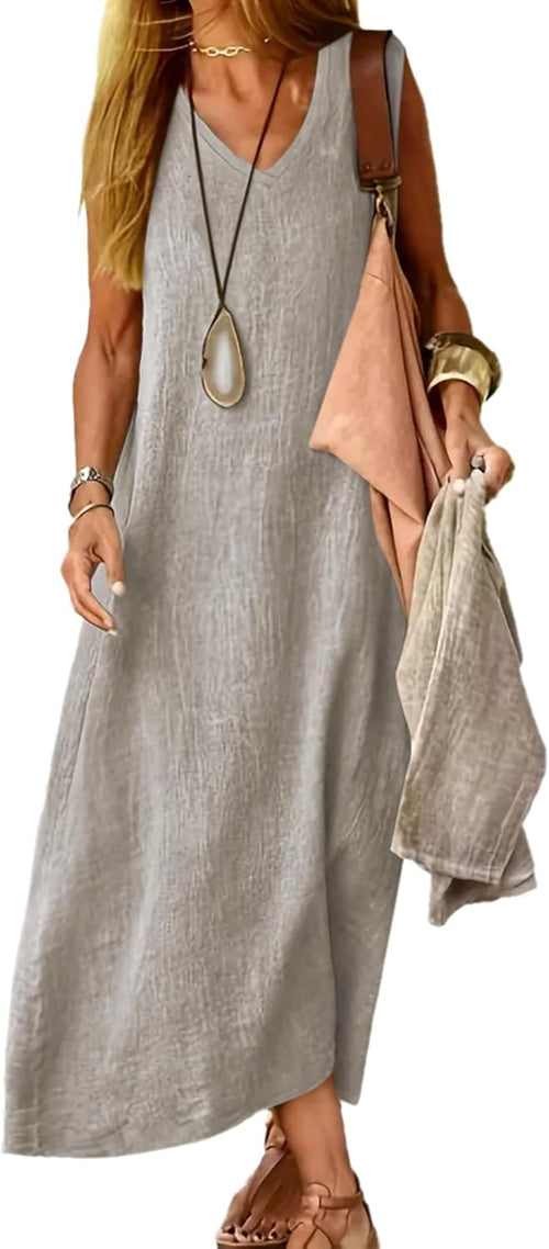 Womens Cotton Linen Plus Size Sundress with Pockets, Sleeveless Tank Dress Loose fit Maxi Dress