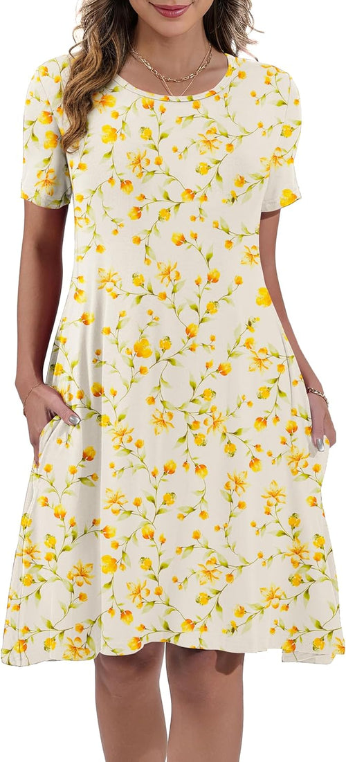 Women's Summer Casual Short Sleeve Crew Neck T Shirt Dresses Loose Swing with Pockets
